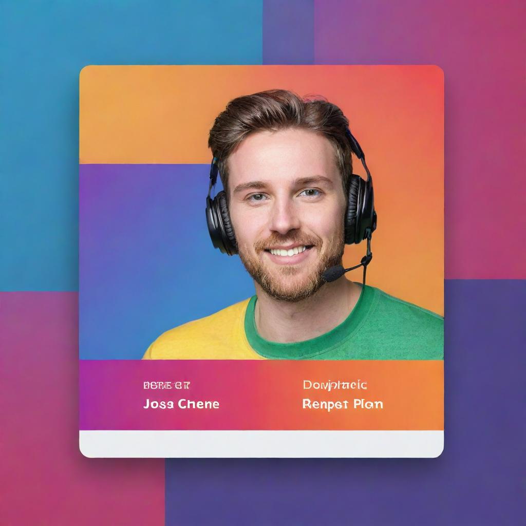 Design a modern, multi-purpose template incorporating the company's colors, complemented by vibrant hues. Intended for use as a podcast cover, YouTube banner, and YouTube thumbnail.