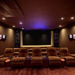 A large, 40x16 foot in-home cinema hall with plush reclining seating, projecter screen, ambient lighting, and state-of-the-art sound system.