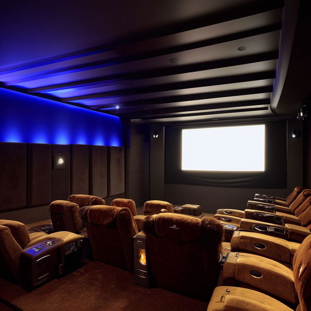 A large, 40x16 foot in-home cinema hall with plush reclining seating, projecter screen, ambient lighting, and state-of-the-art sound system.