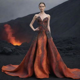 An haute couture garment inspired by volcanoes, featuring colors of molten lava and ash, created with luxurious fabrics and detailed craftsmanship.