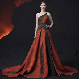 An haute couture garment inspired by volcanoes, featuring colors of molten lava and ash, created with luxurious fabrics and detailed craftsmanship.