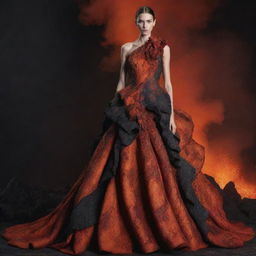 An haute couture garment inspired by volcanoes, featuring colors of molten lava and ash, created with luxurious fabrics and detailed craftsmanship.