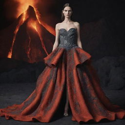 An haute couture garment inspired by volcanoes, featuring colors of molten lava and ash, created with luxurious fabrics and detailed craftsmanship.