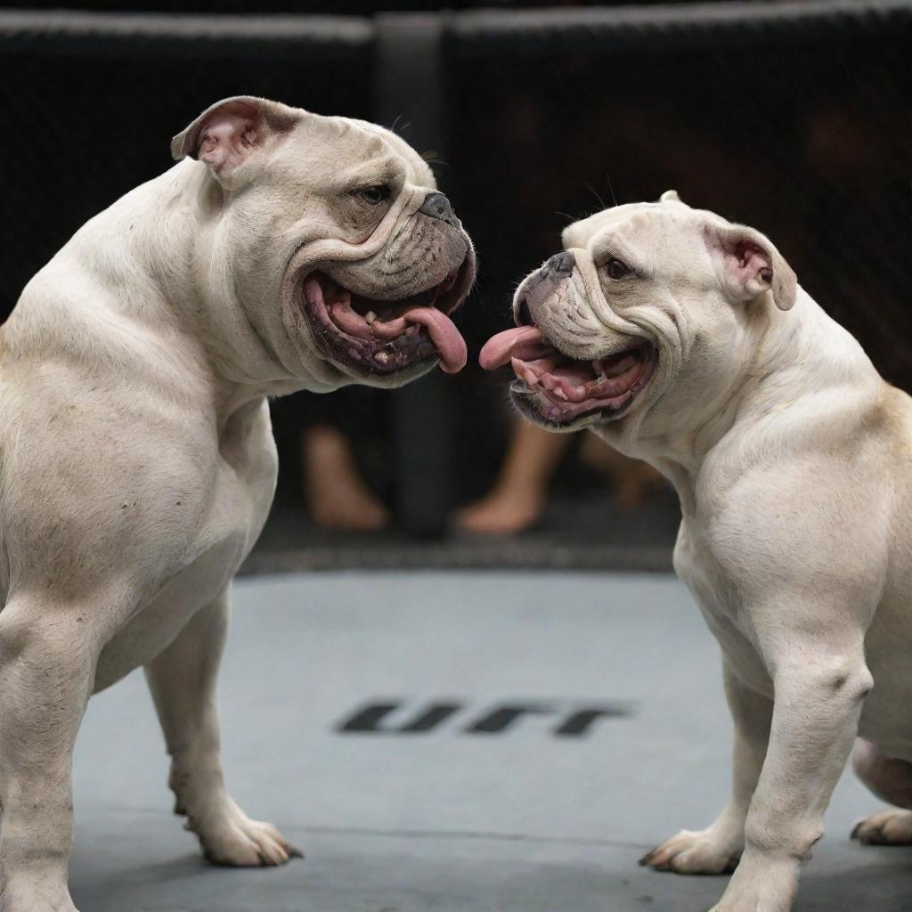 Two large, aggressive grey bulldogs facing each other in a confrontation, growling fiercely within the gritty environment of a UFC fighting ring.