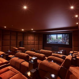 A large, 40x16 foot in-home cinema hall with plush reclining seating, projecter screen, ambient lighting, and state-of-the-art sound system.