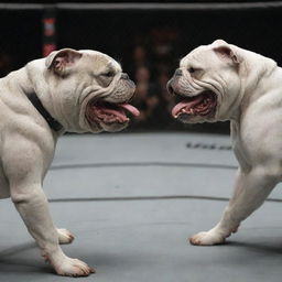 Two large, aggressive grey bulldogs facing each other in a confrontation, growling fiercely within the gritty environment of a UFC fighting ring.