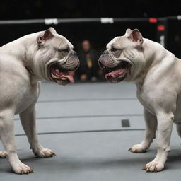 Two large, aggressive grey bulldogs facing each other in a confrontation, growling fiercely within the gritty environment of a UFC fighting ring.