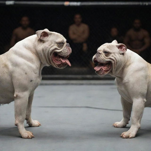 Two large, aggressive grey bulldogs facing each other in a confrontation, growling fiercely within the gritty environment of a UFC fighting ring.