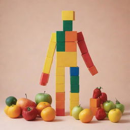 A human-like figure made from colorful blocks interacting with various cube-shaped fruits.