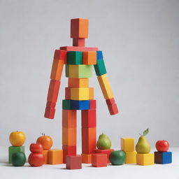 A human-like figure made from colorful blocks interacting with various cube-shaped fruits.