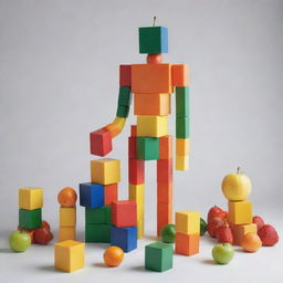 A human-like figure made from colorful blocks interacting with various cube-shaped fruits.