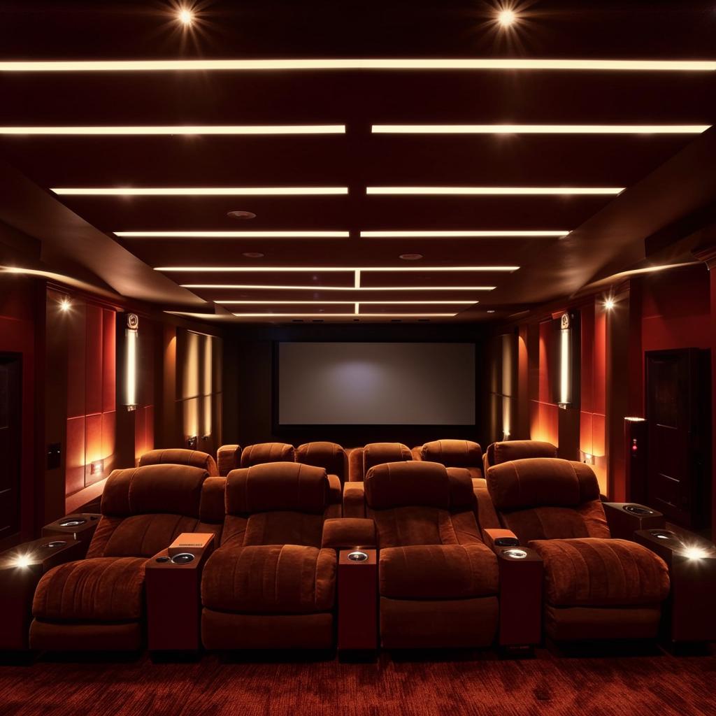 A large, 40x16 foot in-home cinema hall with plush reclining seating, projecter screen, ambient lighting, and state-of-the-art sound system.