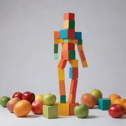 A human-like figure made from colorful blocks interacting with various cube-shaped fruits.