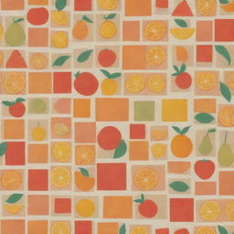 Colorful geometric blocks decorated with a fruit theme, assorted in a playful pattern.