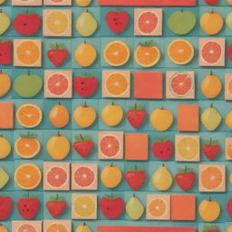 Colorful geometric blocks decorated with a fruit theme, assorted in a playful pattern.