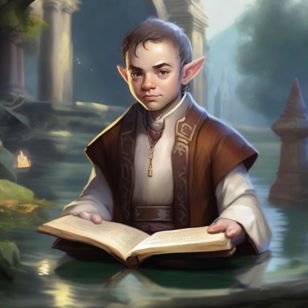 Generate a vivid portrait of a halfling cleric holding a sacred text, surrounded by subtle magic