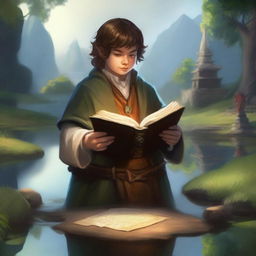 Generate a vivid portrait of a halfling cleric holding a sacred text, surrounded by subtle magic