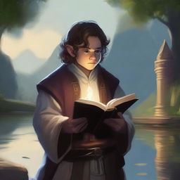 Generate a vivid portrait of a halfling cleric holding a sacred text, surrounded by subtle magic