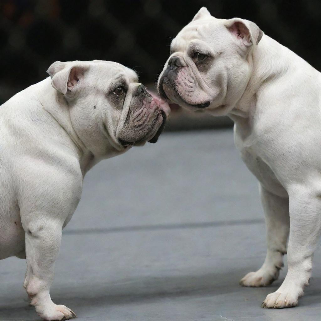 Two grey bulldogs, projecting menace and power, are eye to eye in a UFC fighting ring. The atmosphere is charged as the dogs give off aggressive growls.