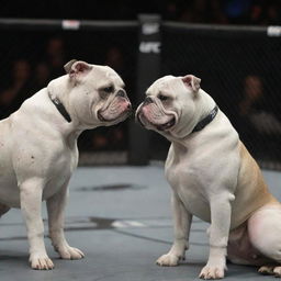 Two grey bulldogs, projecting menace and power, are eye to eye in a UFC fighting ring. The atmosphere is charged as the dogs give off aggressive growls.