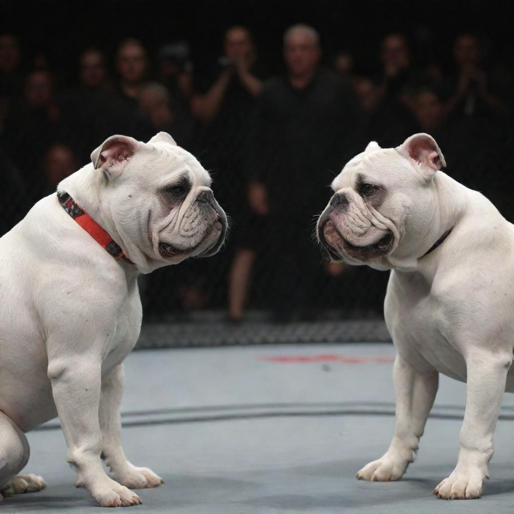 Two grey bulldogs, projecting menace and power, are eye to eye in a UFC fighting ring. The atmosphere is charged as the dogs give off aggressive growls.