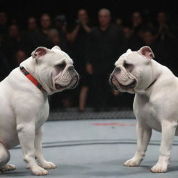 Two grey bulldogs, projecting menace and power, are eye to eye in a UFC fighting ring. The atmosphere is charged as the dogs give off aggressive growls.