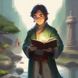 Generate a vivid portrait of a halfling cleric holding a sacred text under his arm and flipping a lucky coin, which is surrounded by subtle magic