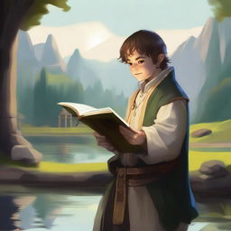 Generate a vivid portrait of a halfling cleric holding a sacred text under his arm and flipping a lucky coin, which is surrounded by subtle magic