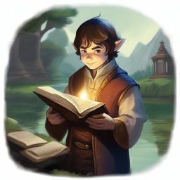 Generate a vivid portrait of a halfling cleric holding a sacred text under his arm and flipping a lucky coin, which is surrounded by subtle magic