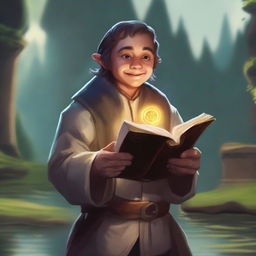 Generate a vivid portrait of a halfling cleric holding a sacred text under his arm and flipping a lucky coin, which is surrounded by subtle magic