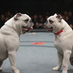 Two grey bulldogs, projecting menace and power, are eye to eye in a UFC fighting ring. The atmosphere is charged as the dogs give off aggressive growls.