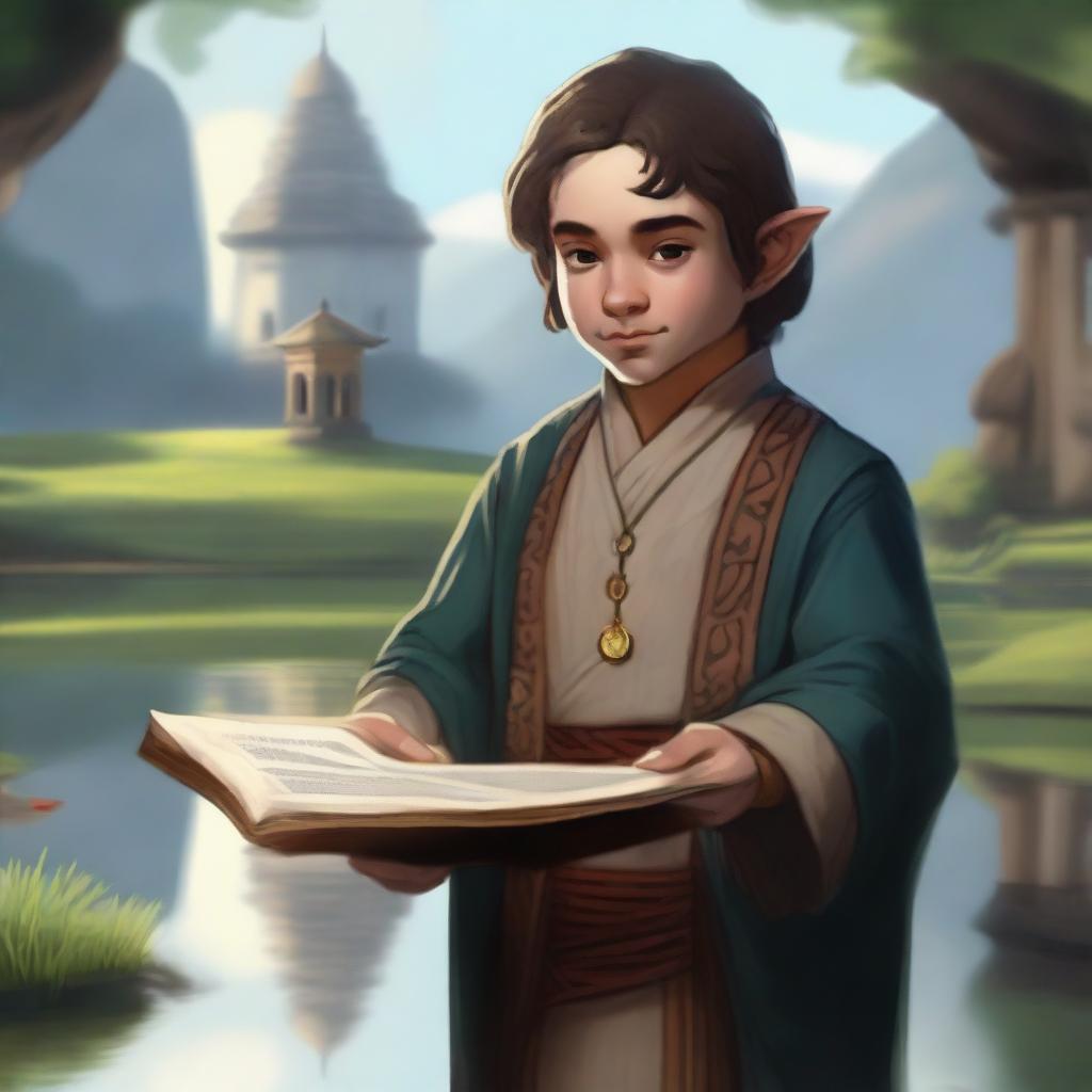 Generate a vivid portrait of a halfling cleric holding a sacred text under his arm and flipping a lucky coin, which is surrounded by subtle magic