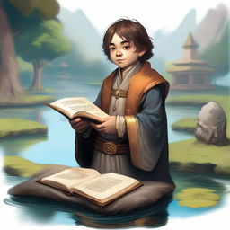 Generate a vivid portrait of a halfling cleric holding a sacred text under his arm and flipping a lucky coin, which is surrounded by subtle magic