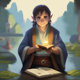 Generate a vivid portrait of a halfling cleric holding a sacred text under his arm and flipping a lucky coin, which is surrounded by subtle magic