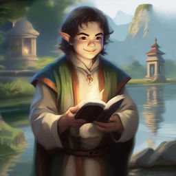 Generate a vivid portrait of a halfling cleric holding a sacred text under his arm and flipping a lucky coin, which is surrounded by subtle magic