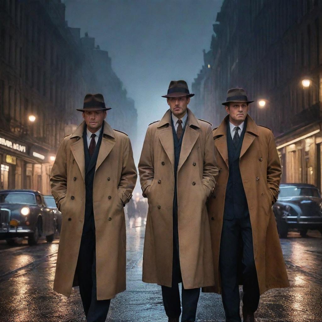 An intricately designed city filled with resolute detectives in classic trench coats, busily solving intriguing mysteries under the shimmering city lights.