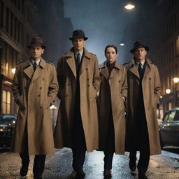 An intricately designed city filled with resolute detectives in classic trench coats, busily solving intriguing mysteries under the shimmering city lights.