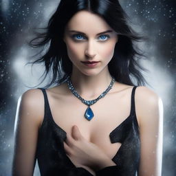 A woman with blue eyes and black hair with brown highlights is holding a light in her hands at chest level