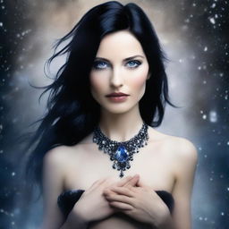 A woman with blue eyes and black hair with brown highlights is holding a light in her hands at chest level