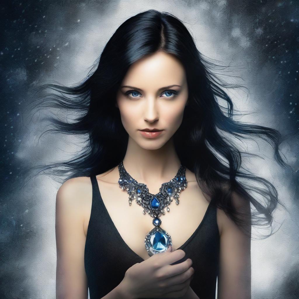 A woman with blue eyes and black hair with brown highlights is holding a light in her hands at chest level