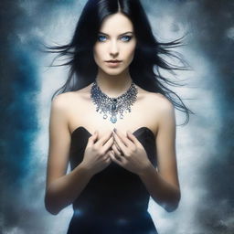 A woman with blue eyes and black hair with brown highlights is holding a light in her hands at chest level