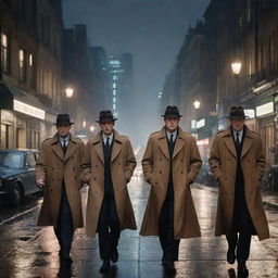 An intricately designed city filled with resolute detectives in classic trench coats, busily solving intriguing mysteries under the shimmering city lights.