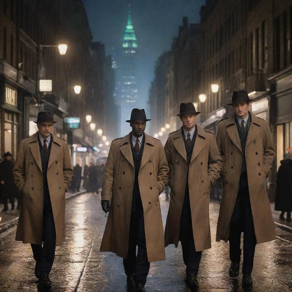 An intricately designed city filled with resolute detectives in classic trench coats, busily solving intriguing mysteries under the shimmering city lights.