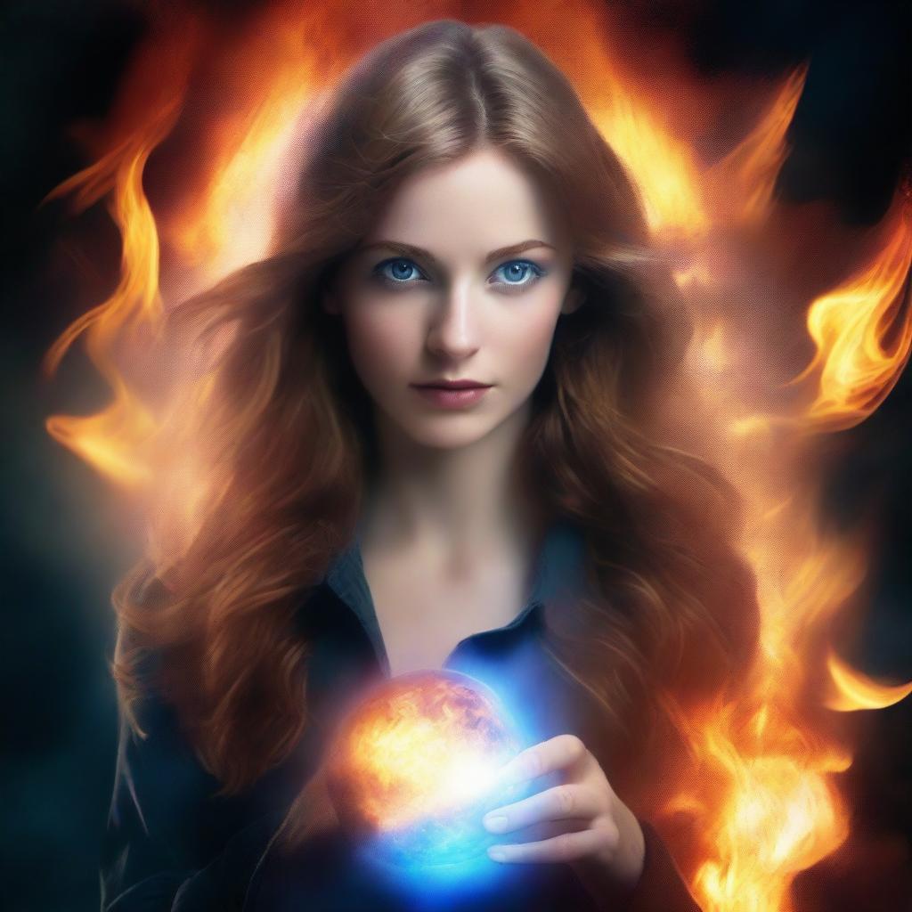 Create a book cover depicting a woman with light blue eyes and light brown hair engulfed in fire