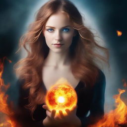 Create a book cover depicting a woman with light blue eyes and light brown hair engulfed in fire