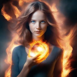 Create a book cover depicting a woman with light blue eyes and light brown hair engulfed in fire