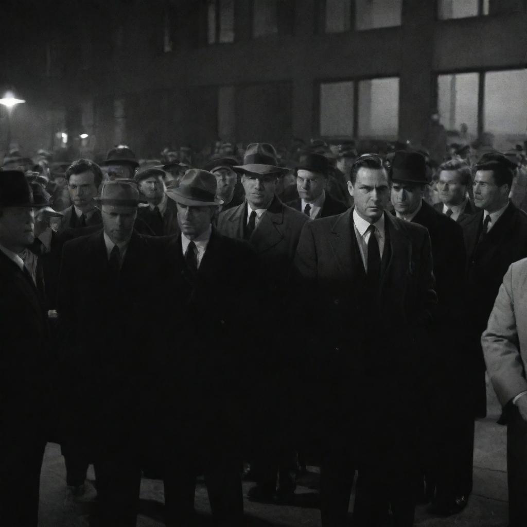 An intriguing scene of hundreds of detectives in mid-century attire, engrossed in their individual investigations with a backdrop of a dimly lit noir-style police station.