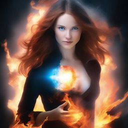 Create a book cover depicting a woman with light blue eyes and light brown hair engulfed in fire