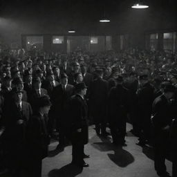 An intriguing scene of hundreds of detectives in mid-century attire, engrossed in their individual investigations with a backdrop of a dimly lit noir-style police station.