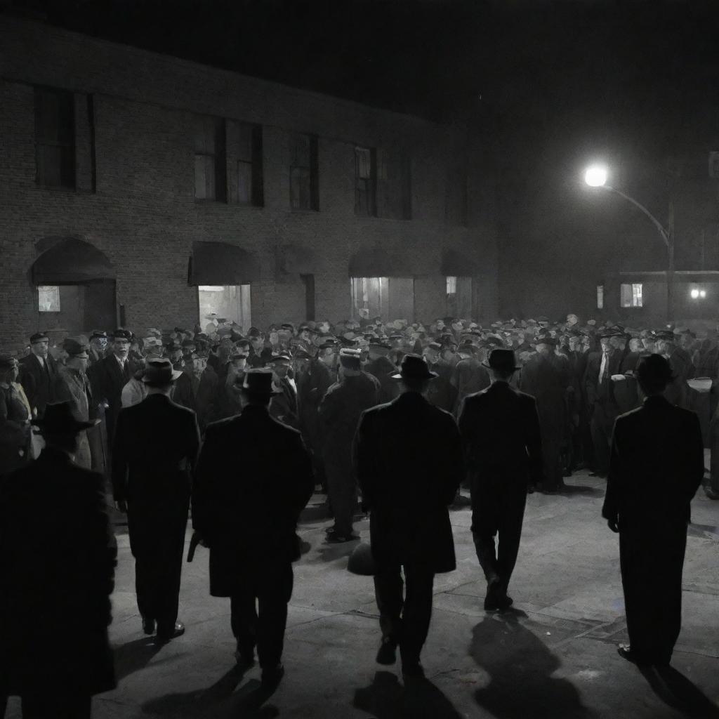 An intriguing scene of hundreds of detectives in mid-century attire, engrossed in their individual investigations with a backdrop of a dimly lit noir-style police station.